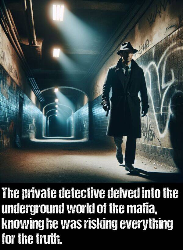 knowing: The private detective delved into the underground world of the mafia, knowing he was risking everything for the truth.