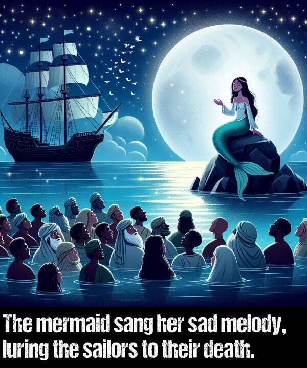 their: The mermaid sang her sad melody, luring the sailors to their death.