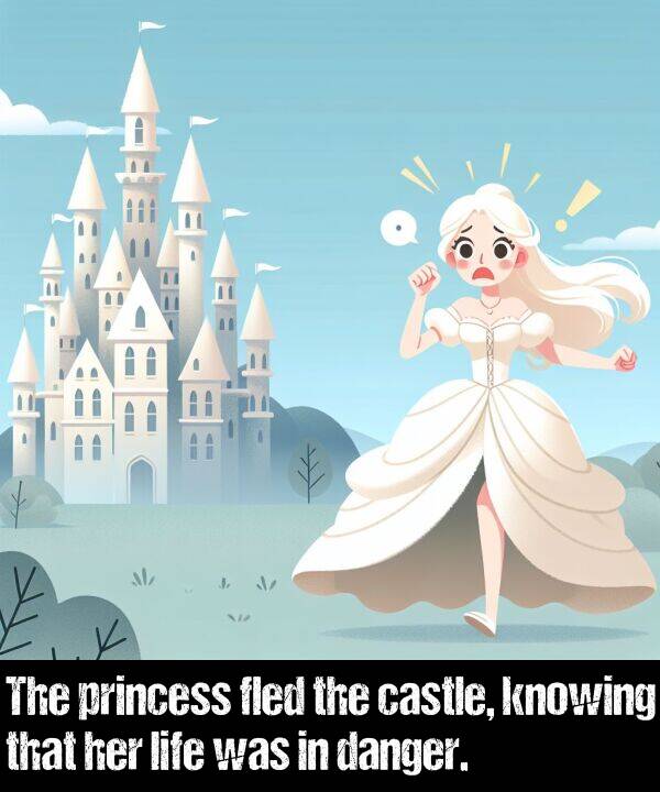 knowing: The princess fled the castle, knowing that her life was in danger.