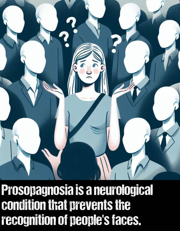 faces: Prosopagnosia is a neurological condition that prevents the recognition of people's faces.