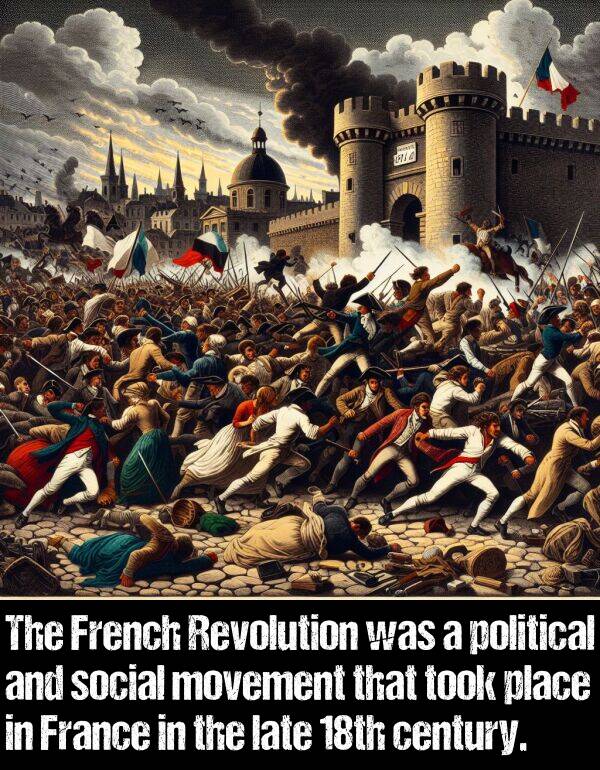 late: The French Revolution was a political and social movement that took place in France in the late 18th century.