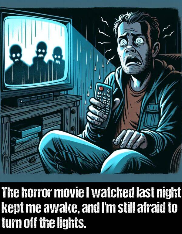last: The horror movie I watched last night kept me awake, and I'm still afraid to turn off the lights.