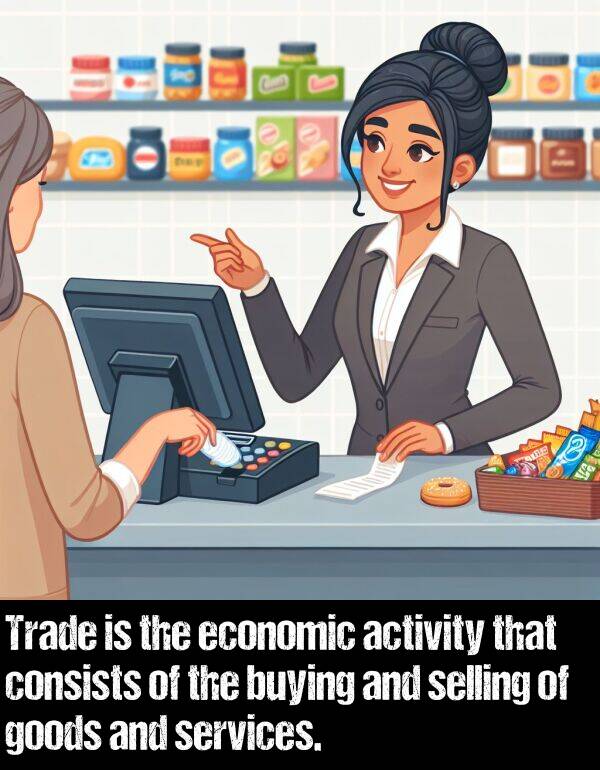 activity: Trade is the economic activity that consists of the buying and selling of goods and services.