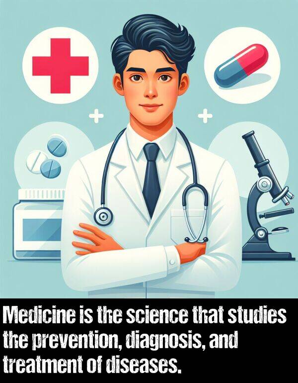 science: Medicine is the science that studies the prevention, diagnosis, and treatment of diseases.