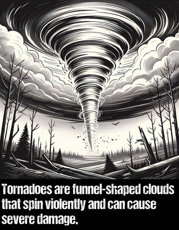 damage: Tornadoes are funnel-shaped clouds that spin violently and can cause severe damage.