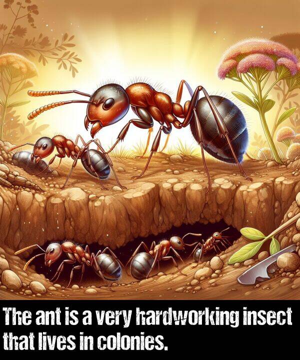 lives: The ant is a very hardworking insect that lives in colonies.