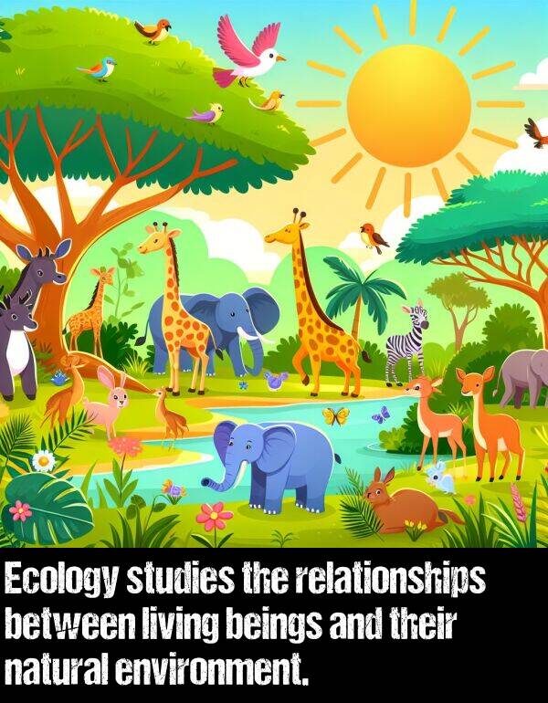 living: Ecology studies the relationships between living beings and their natural environment.