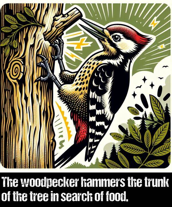 hammers: The woodpecker hammers the trunk of the tree in search of food.