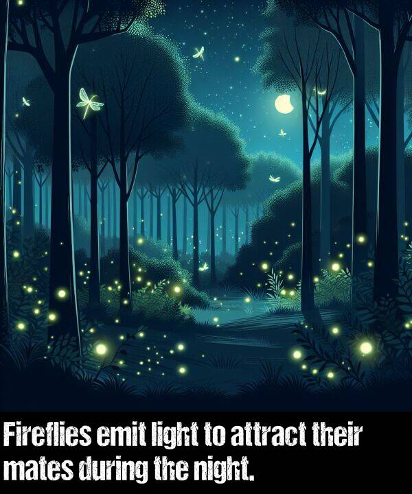 light: Fireflies emit light to attract their mates during the night.