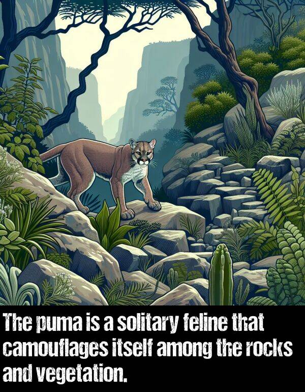 feline: The puma is a solitary feline that camouflages itself among the rocks and vegetation.