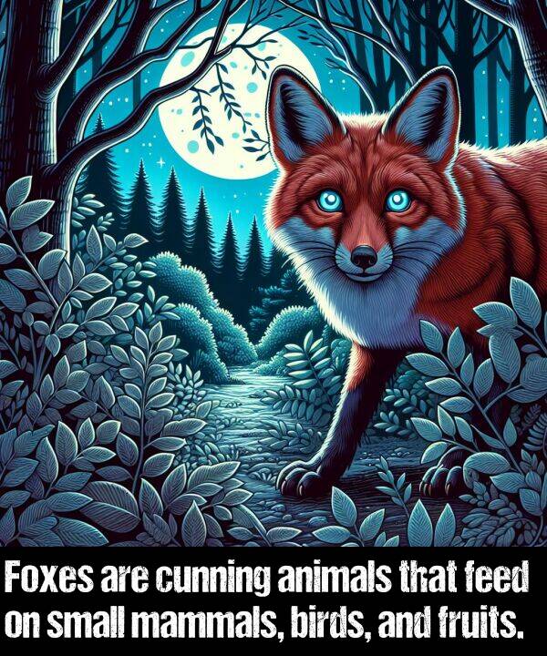 birds: Foxes are cunning animals that feed on small mammals, birds, and fruits.