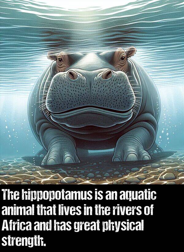 lives: The hippopotamus is an aquatic animal that lives in the rivers of Africa and has great physical strength.