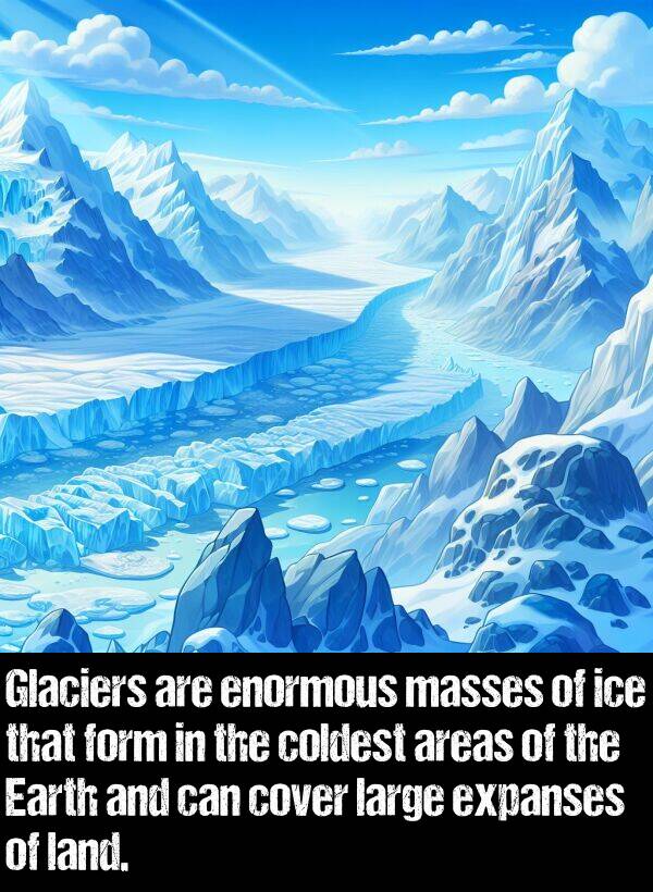 coldest: Glaciers are enormous masses of ice that form in the coldest areas of the Earth and can cover large expanses of land.