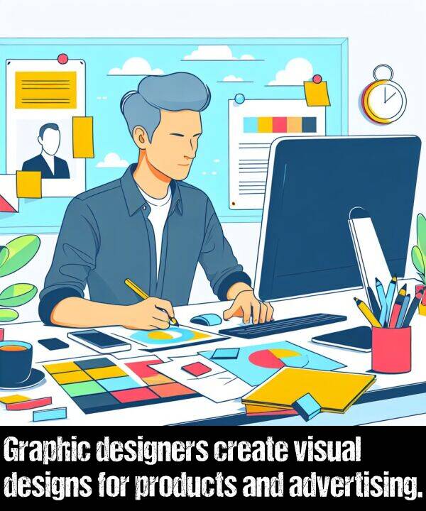 visual: Graphic designers create visual designs for products and advertising.