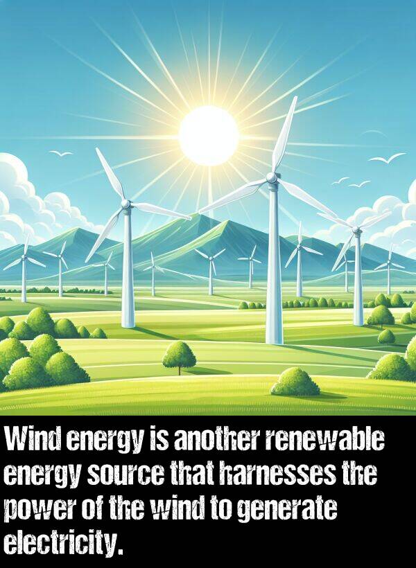 generate: Wind energy is another renewable energy source that harnesses the power of the wind to generate electricity.
