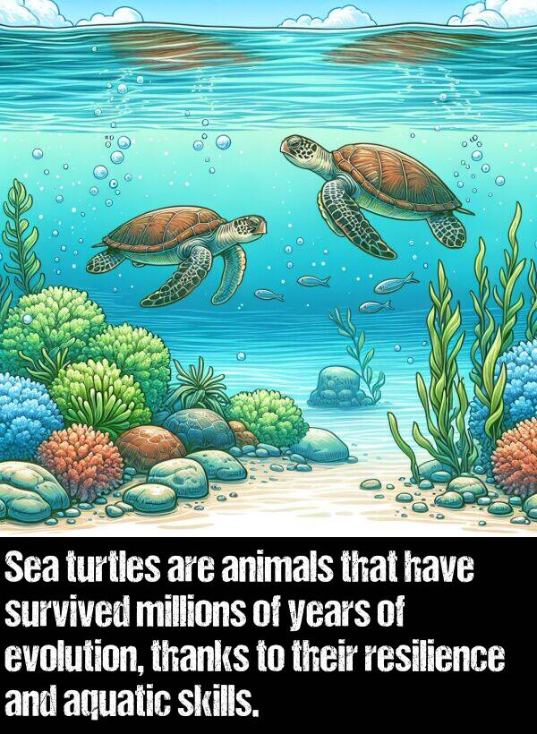 skills: Sea turtles are animals that have survived millions of years of evolution, thanks to their resilience and aquatic skills.