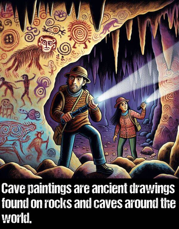 paintings: Cave paintings are ancient drawings found on rocks and caves around the world.