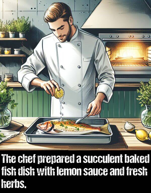 sauce: The chef prepared a succulent baked fish dish with lemon sauce and fresh herbs.