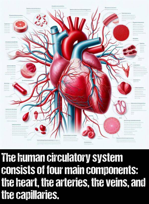 main: The human circulatory system consists of four main components: the heart, the arteries, the veins, and the capillaries.
