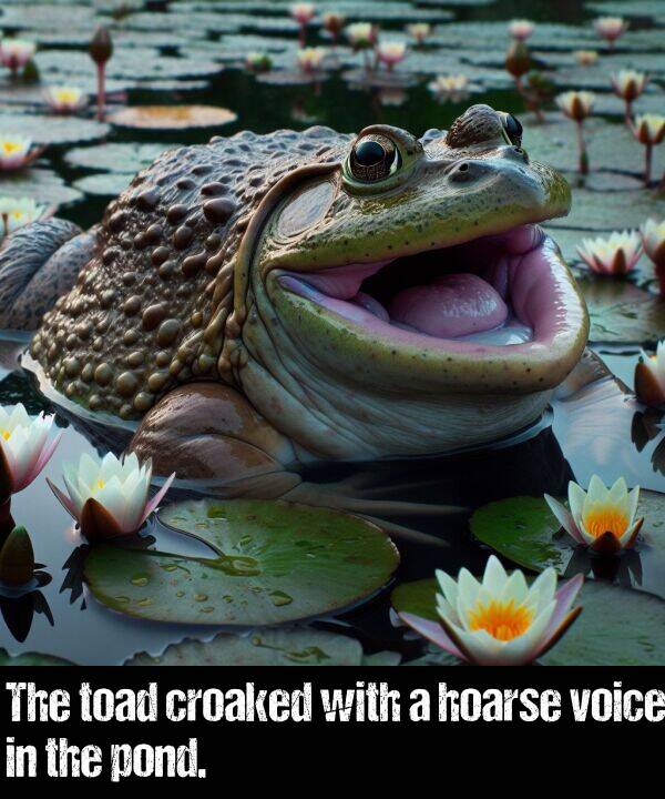 voice: The toad croaked with a hoarse voice in the pond.