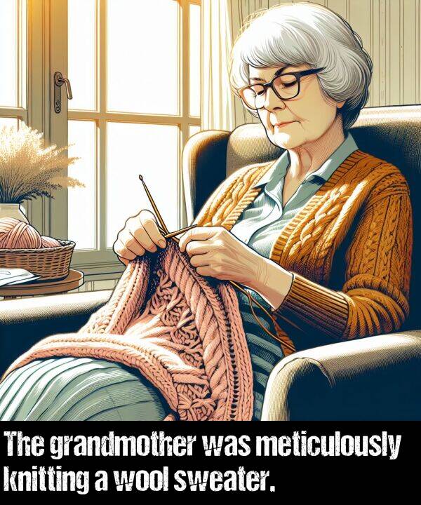 knitting: The grandmother was meticulously knitting a wool sweater.