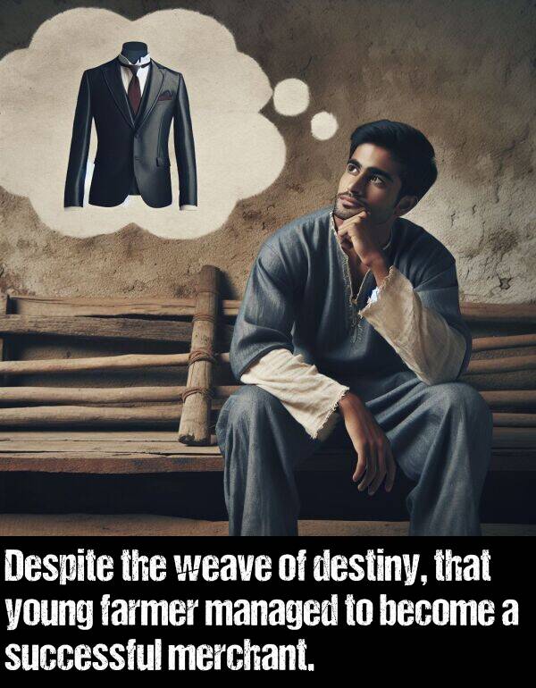 become: Despite the weave of destiny, that young farmer managed to become a successful merchant.