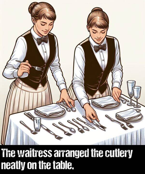 neatly: The waitress arranged the cutlery neatly on the table.