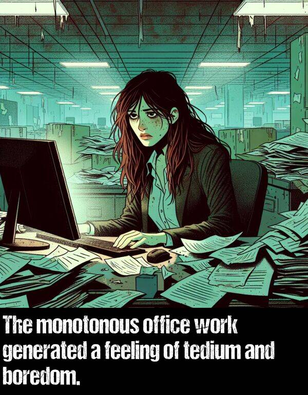 work: The monotonous office work generated a feeling of tedium and boredom.