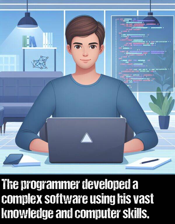 knowledge: The programmer developed a complex software using his vast knowledge and computer skills.