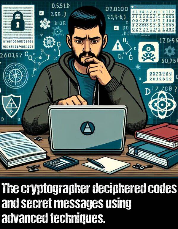 deciphered: The cryptographer deciphered codes and secret messages using advanced techniques.