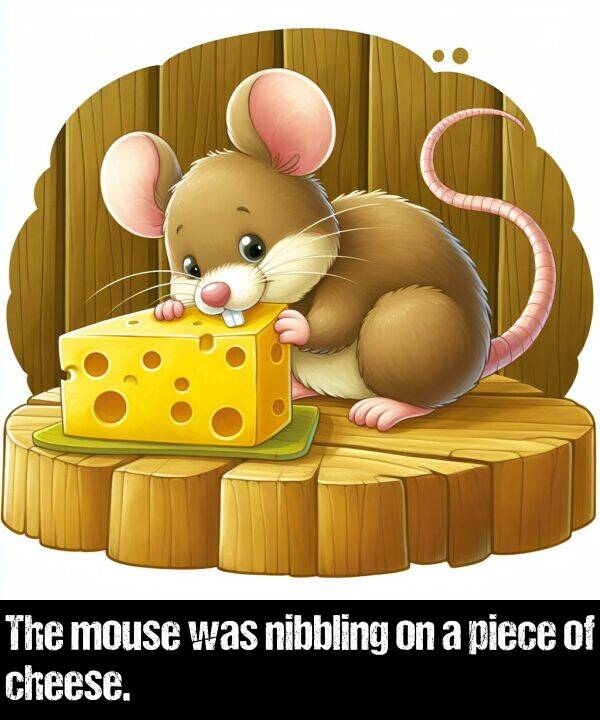 nibbling: The mouse was nibbling on a piece of cheese.