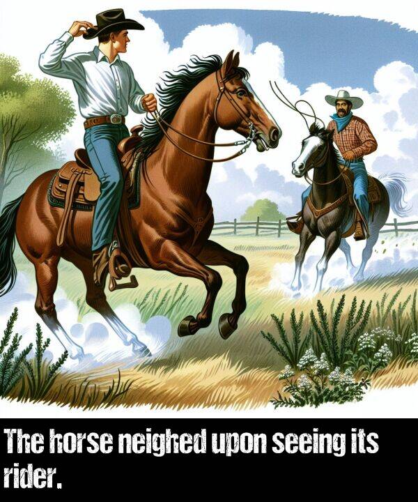 upon: The horse neighed upon seeing its rider.