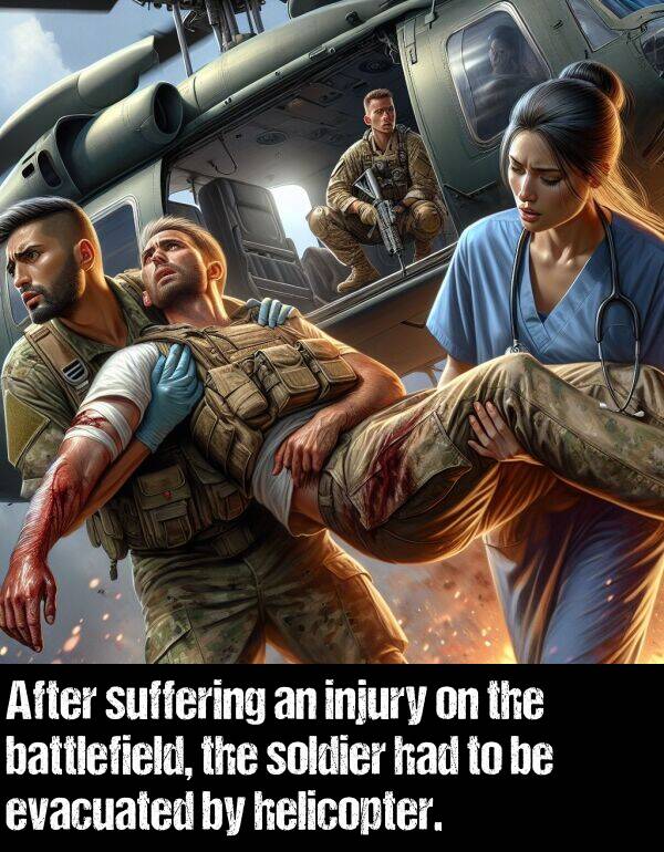 battlefield: After suffering an injury on the battlefield, the soldier had to be evacuated by helicopter.