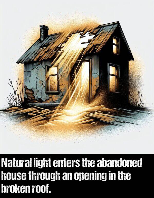 light: Natural light enters the abandoned house through an opening in the broken roof.
