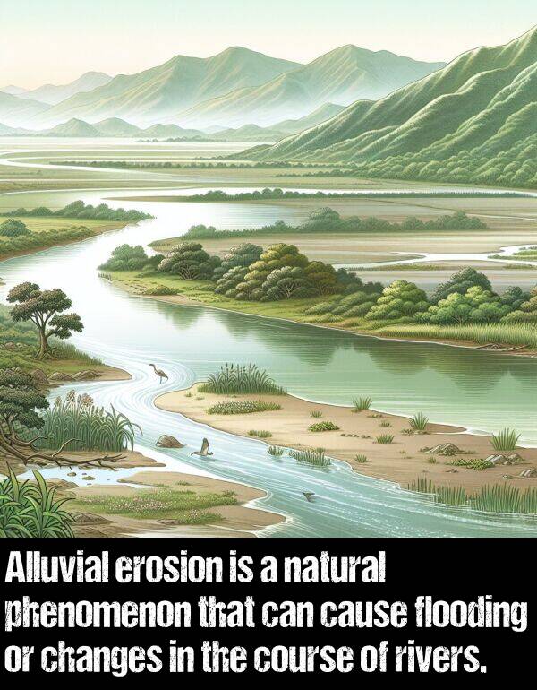 natural: Alluvial erosion is a natural phenomenon that can cause flooding or changes in the course of rivers.