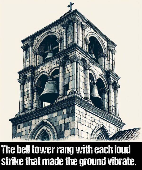 each: The bell tower rang with each loud strike that made the ground vibrate.