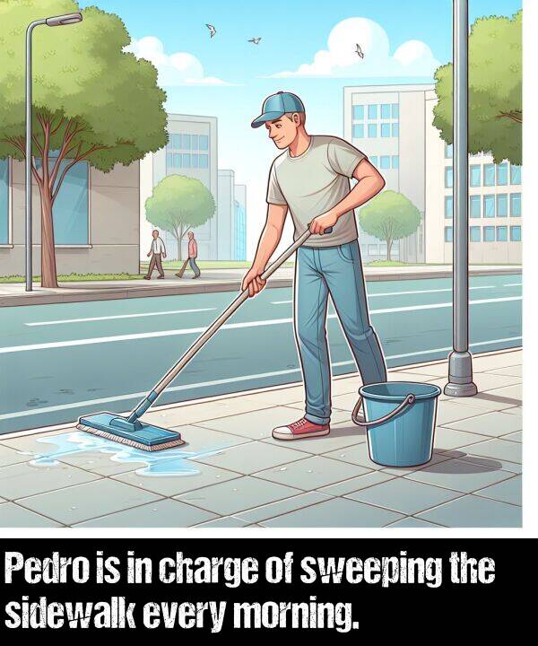 morning: Pedro is in charge of sweeping the sidewalk every morning.
