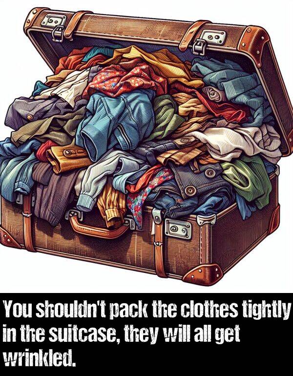 tightly: You shouldn't pack the clothes tightly in the suitcase, they will all get wrinkled.