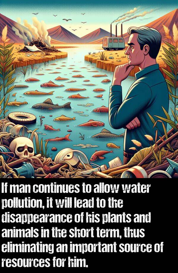 thus: If man continues to allow water pollution, it will lead to the disappearance of his plants and animals in the short term, thus eliminating an important source of resources for him.