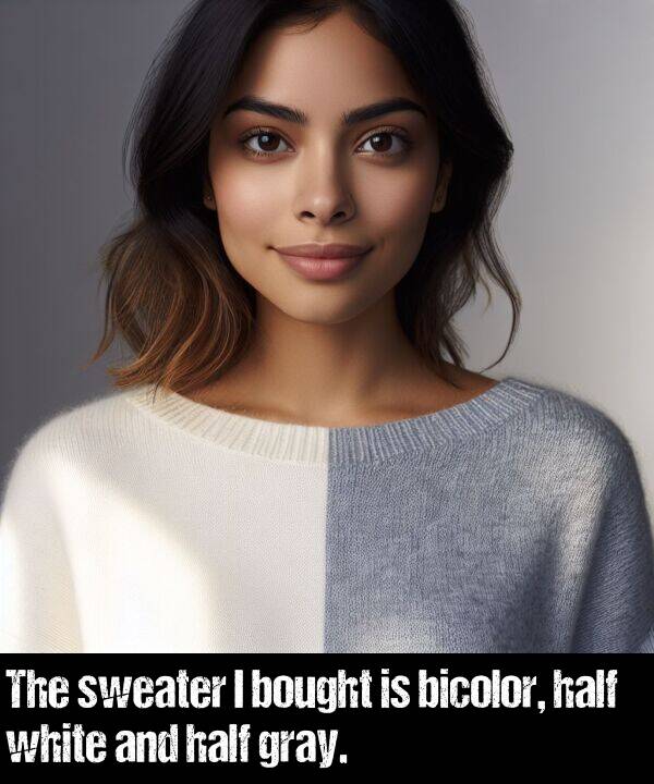 half: The sweater I bought is bicolor, half white and half gray.