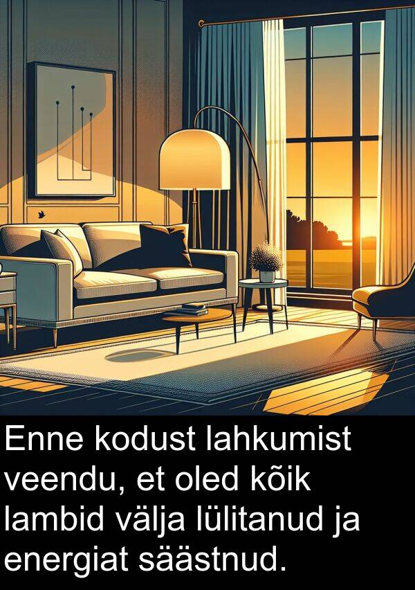 kodust: Enne kodust lahkumist veendu, et oled kõik lambid välja lülitanud ja energiat säästnud.