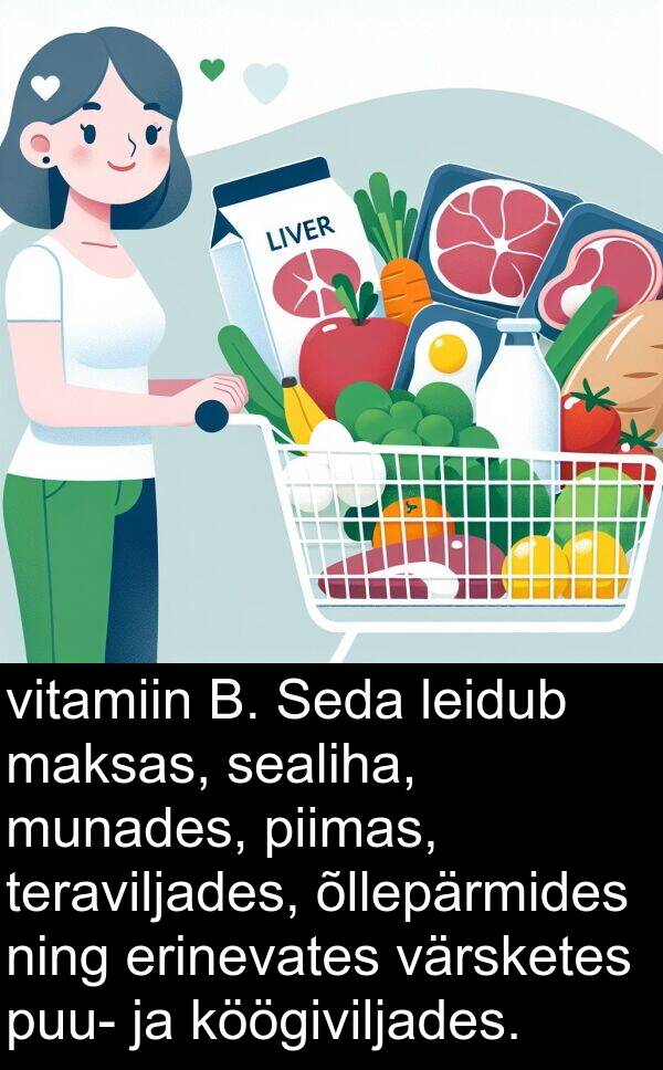 köögiviljades: vitamiin B. Seda leidub maksas, sealiha, munades, piimas, teraviljades, õllepärmides ning erinevates värsketes puu- ja köögiviljades.