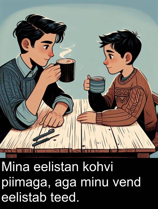 minu: Mina eelistan kohvi piimaga, aga minu vend eelistab teed.