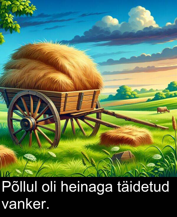 täidetud: Põllul oli heinaga täidetud vanker.
