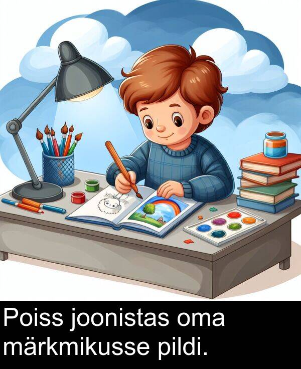 pildi: Poiss joonistas oma märkmikusse pildi.