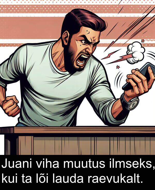 lõi: Juani viha muutus ilmseks, kui ta lõi lauda raevukalt.