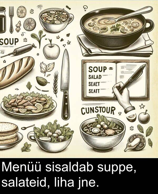 suppe: Menüü sisaldab suppe, salateid, liha jne.