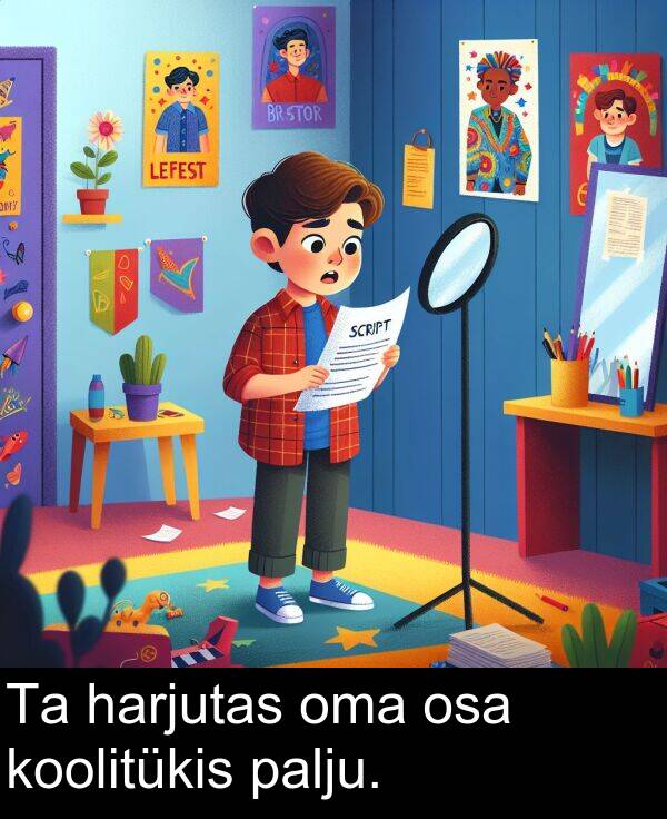 koolitükis: Ta harjutas oma osa koolitükis palju.