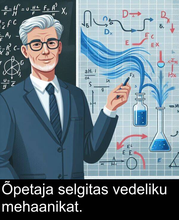 selgitas: Õpetaja selgitas vedeliku mehaanikat.