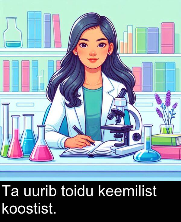 uurib: Ta uurib toidu keemilist koostist.